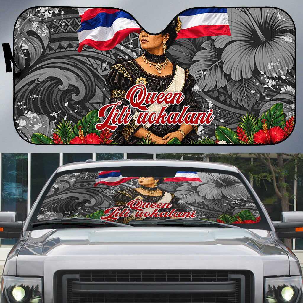 Queen Liliuokalani Hawaiian Flag Auto Sun Shade Polynesian Tribal Pattern And Tropical Hibiscus TS04 Grey Red - Polynesian Pride