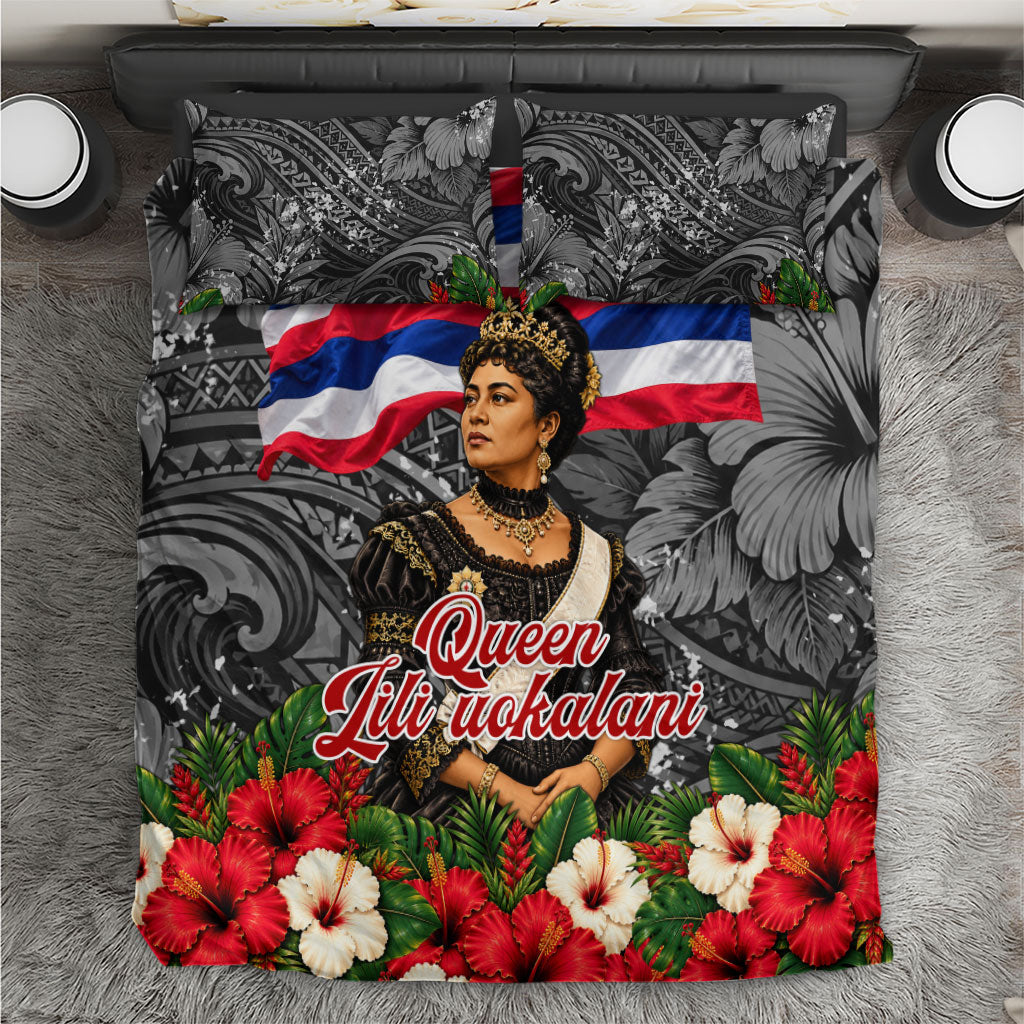 Queen Liliuokalani Hawaiian Flag Bedding Set Polynesian Tribal Pattern And Tropical Hibiscus TS04 Grey Red - Polynesian Pride