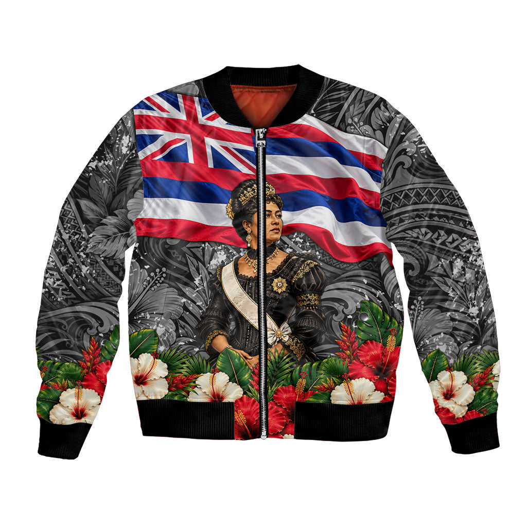 Queen Liliuokalani Hawaiian Flag Bomber Jacket Polynesian Tribal Pattern And Tropical Hibiscus TS04 Unisex Grey Red - Polynesian Pride