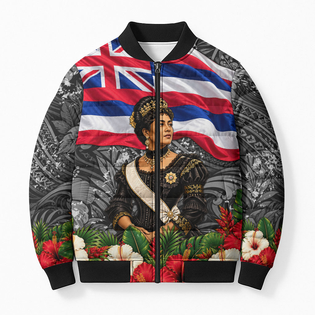 Queen Liliuokalani Hawaiian Flag Bomber Puffer Jacket Polynesian Tribal Pattern And Tropical Hibiscus TS04 Unisex Grey Red - Polynesian Pride