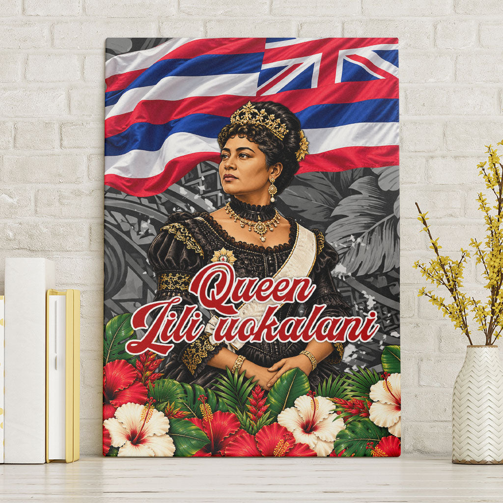 Queen Liliuokalani Hawaiian Flag Canvas Wall Art Polynesian Tribal Pattern And Tropical Hibiscus