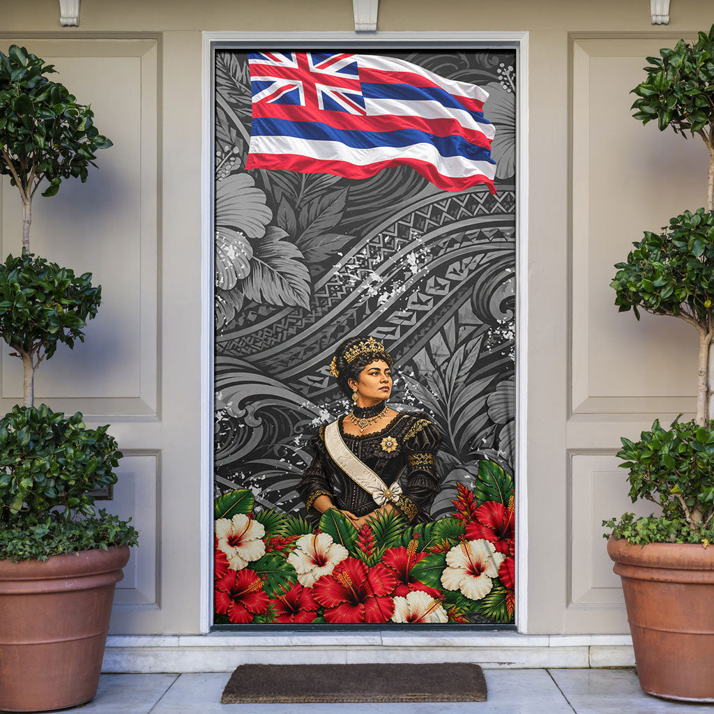 Queen Liliuokalani Hawaiian Flag Door Cover Polynesian Tribal Pattern And Tropical Hibiscus TS04 Grey Red - Polynesian Pride