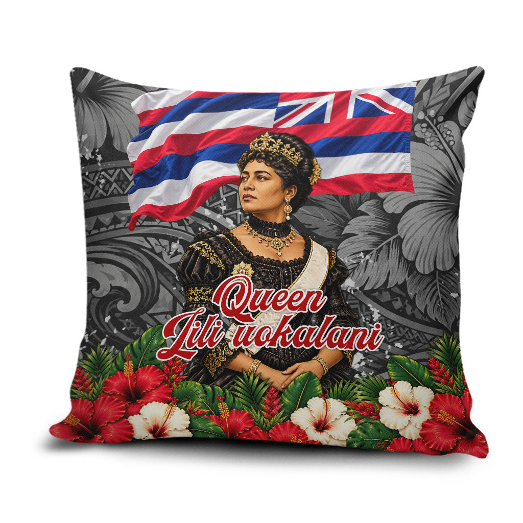 Queen Liliuokalani Hawaiian Flag Pillow Cover Polynesian Tribal Pattern And Tropical Hibiscus TS04 Grey Red - Polynesian Pride