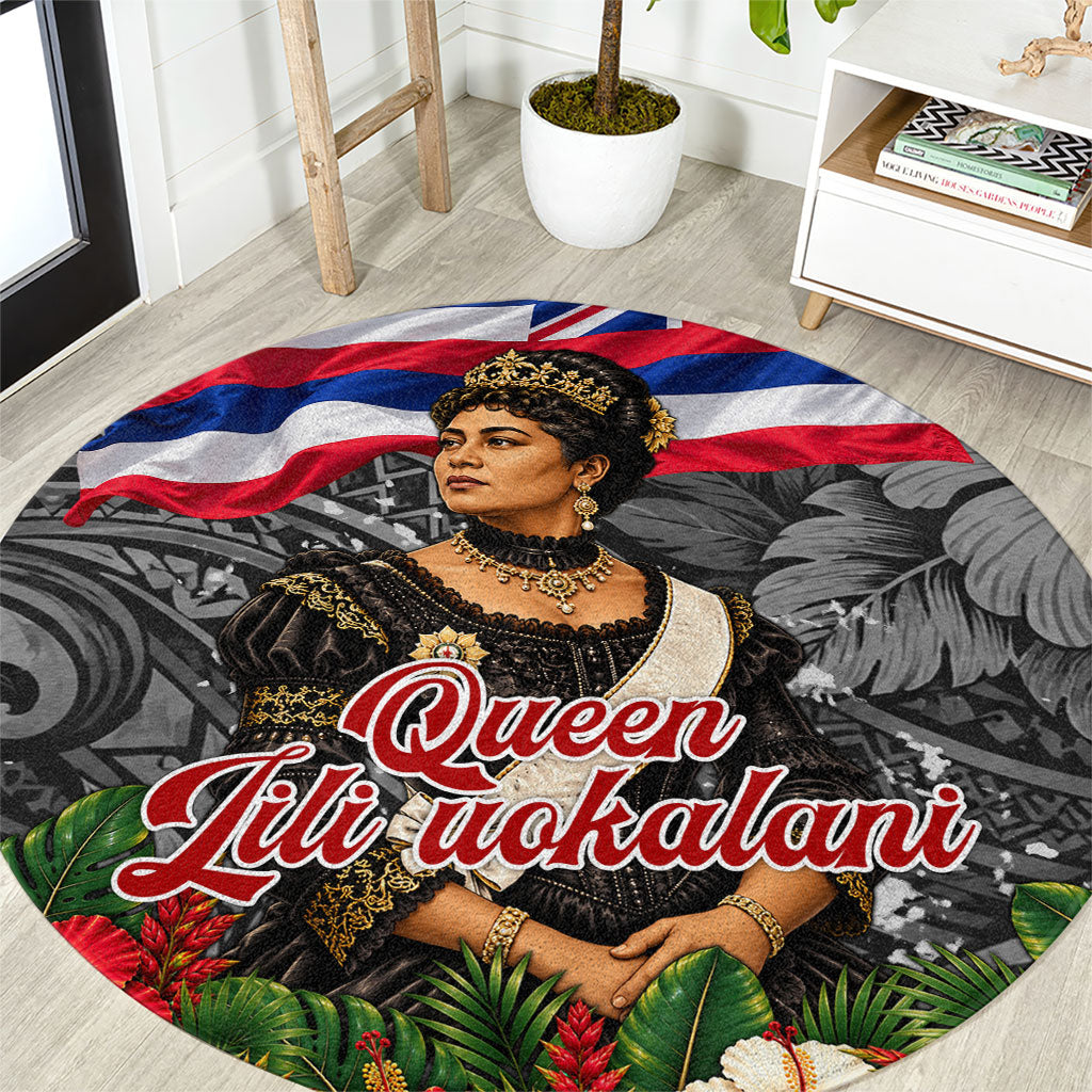 Queen Liliuokalani Hawaiian Flag Round Carpet Polynesian Tribal Pattern And Tropical Hibiscus TS04 Grey Red - Polynesian Pride
