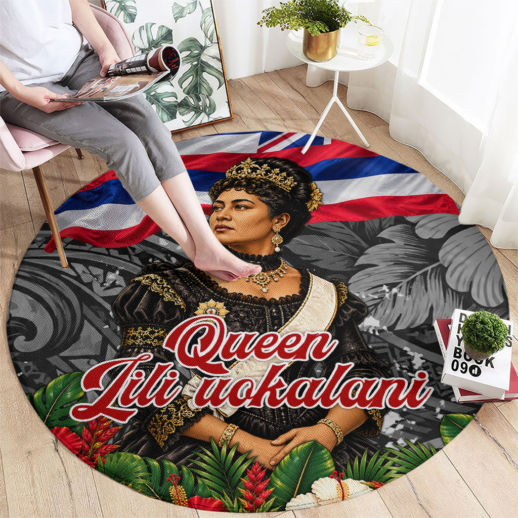 Queen Liliuokalani Hawaiian Flag Round Carpet Polynesian Tribal Pattern And Tropical Hibiscus TS04 - Polynesian Pride