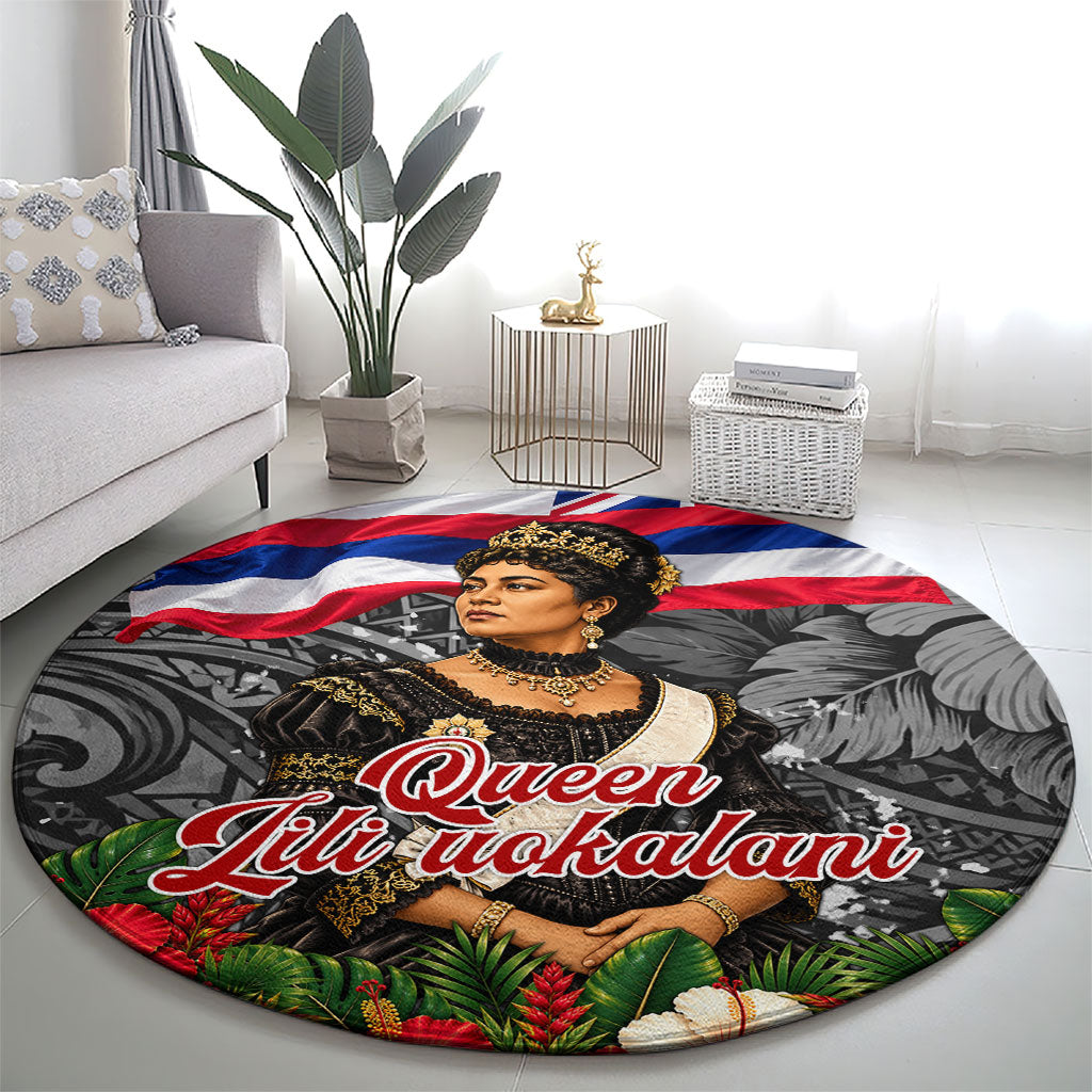 Queen Liliuokalani Hawaiian Flag Round Carpet Polynesian Tribal Pattern And Tropical Hibiscus TS04 - Polynesian Pride