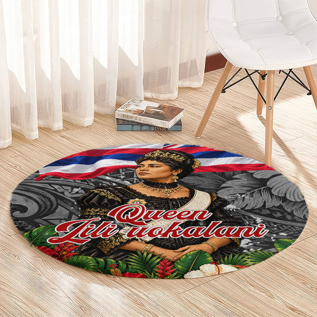 Queen Liliuokalani Hawaiian Flag Round Carpet Polynesian Tribal Pattern And Tropical Hibiscus TS04 - Polynesian Pride