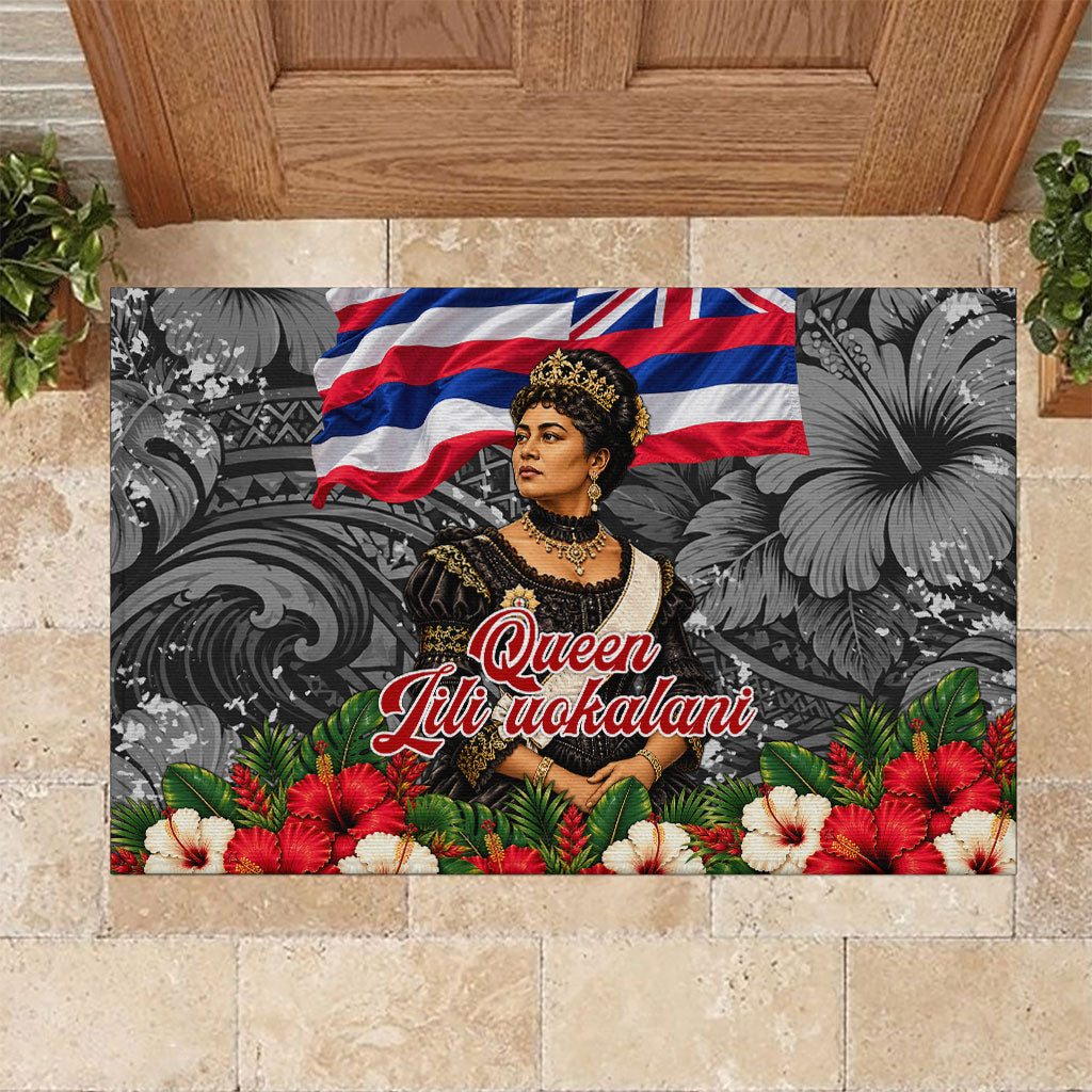 Queen Liliuokalani Hawaiian Flag Rubber Doormat Polynesian Tribal Pattern And Tropical Hibiscus TS04 Grey Red - Polynesian Pride