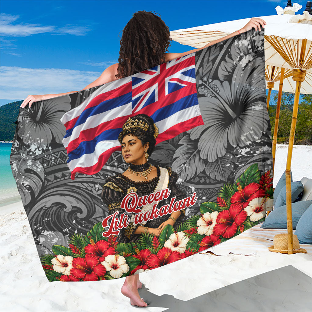 Queen Liliuokalani Hawaiian Flag Sarong Polynesian Tribal Pattern And Tropical Hibiscus TS04 One Size 44 x 66 inches Grey Red - Polynesian Pride