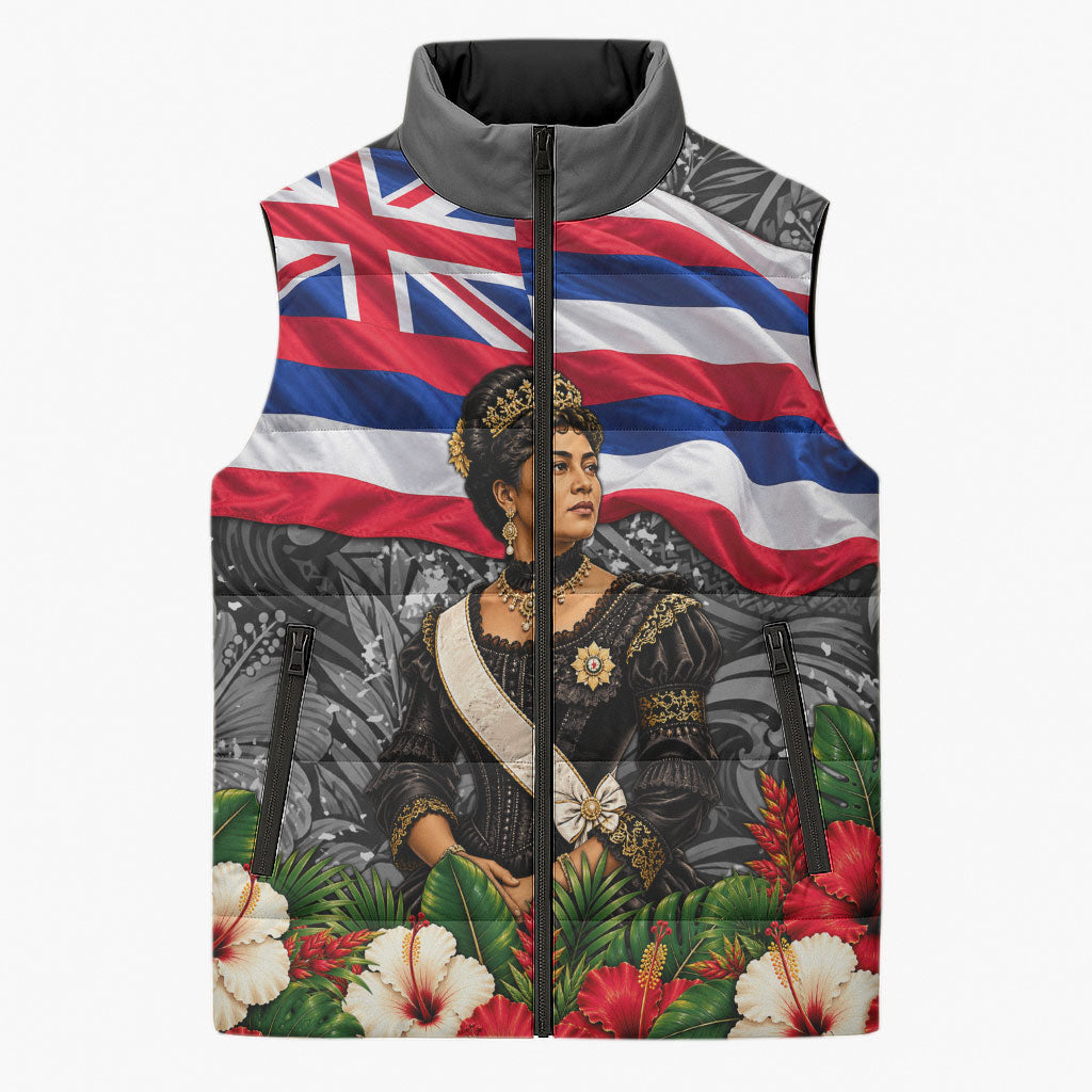 Queen Liliuokalani Hawaiian Flag Sleeveless Puffer Jacket Polynesian Tribal Pattern And Tropical Hibiscus TS04 Unisex Grey Red - Polynesian Pride