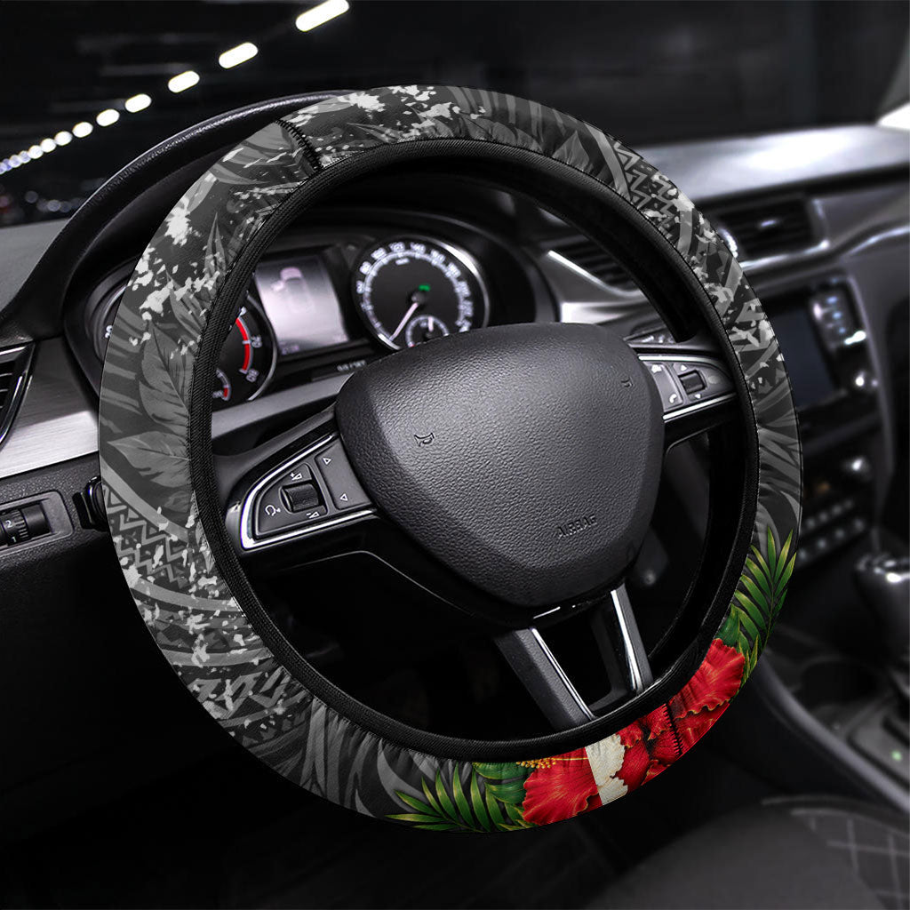Queen Liliuokalani Hawaiian Flag Steering Wheel Cover Polynesian Tribal Pattern And Tropical Hibiscus TS04 Universal Fit Grey Red - Polynesian Pride