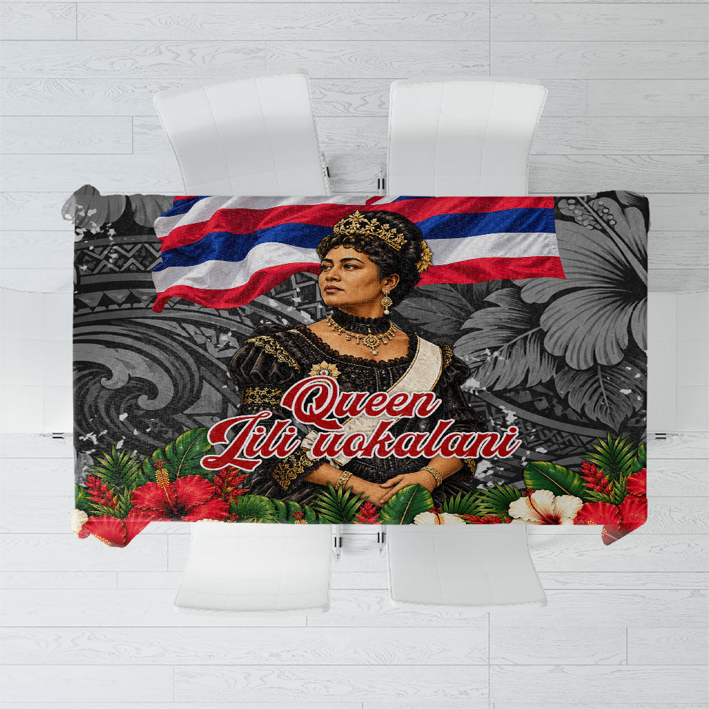 Queen Liliuokalani Hawaiian Flag Tablecloth Polynesian Tribal Pattern And Tropical Hibiscus TS04 Grey Red - Polynesian Pride