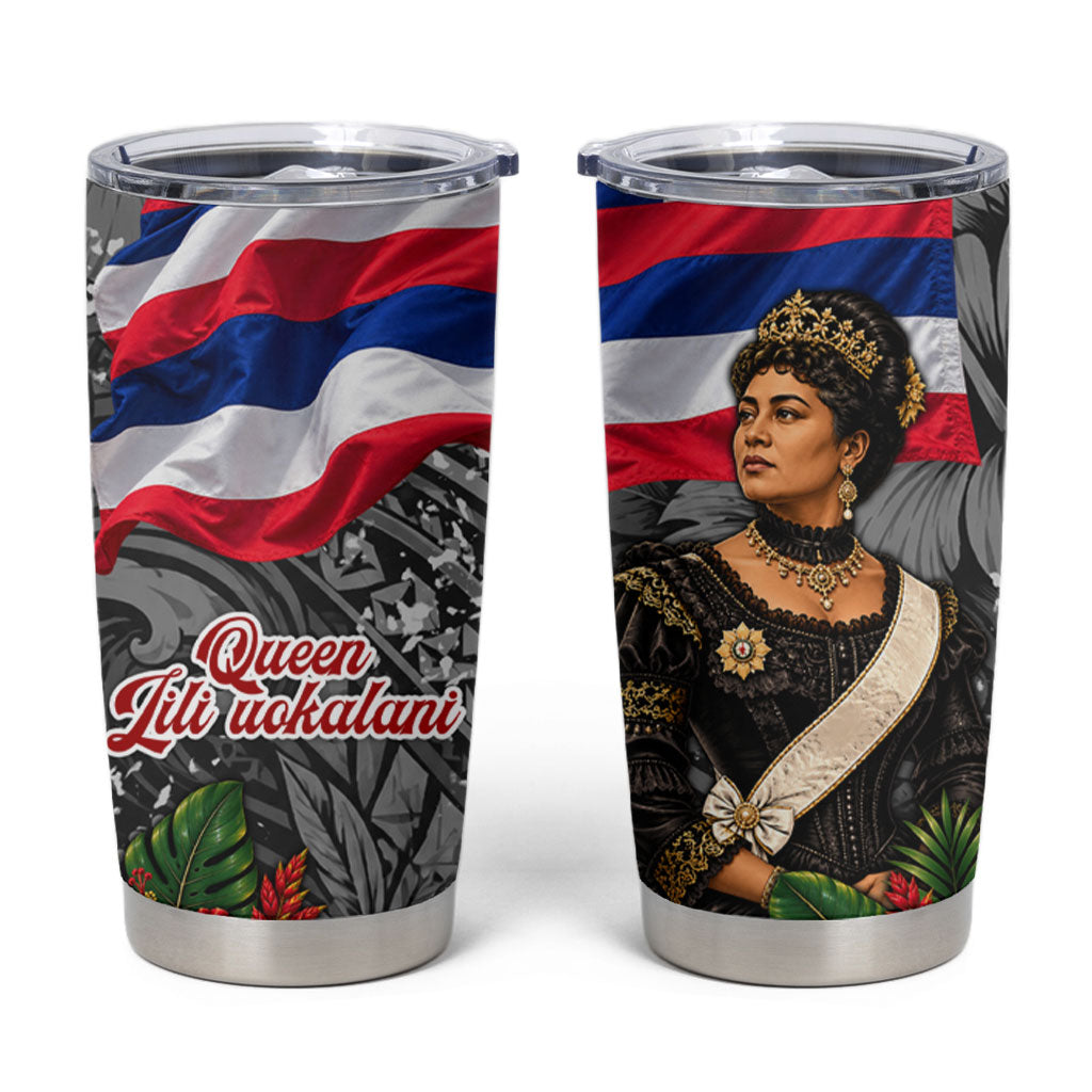 Queen Liliuokalani Hawaiian Flag Tumbler Cup Polynesian Tribal Pattern And Tropical Hibiscus TS04 Grey Red - Polynesian Pride