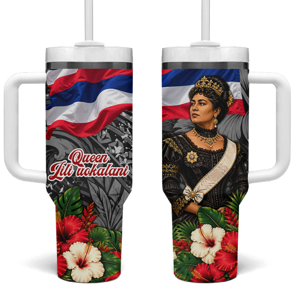 Queen Liliuokalani Hawaiian Flag Tumbler With Handle Polynesian Tribal Pattern And Tropical Hibiscus TS04 One Size: 40 oz Grey Red - Polynesian Pride