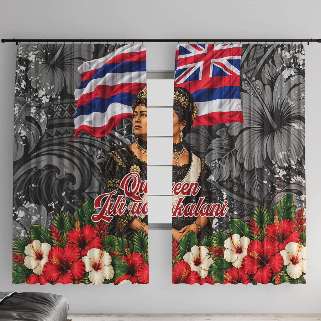 Queen Liliuokalani Hawaiian Flag Window Curtain Polynesian Tribal Pattern And Tropical Hibiscus TS04 With Hooks Grey Red - Polynesian Pride