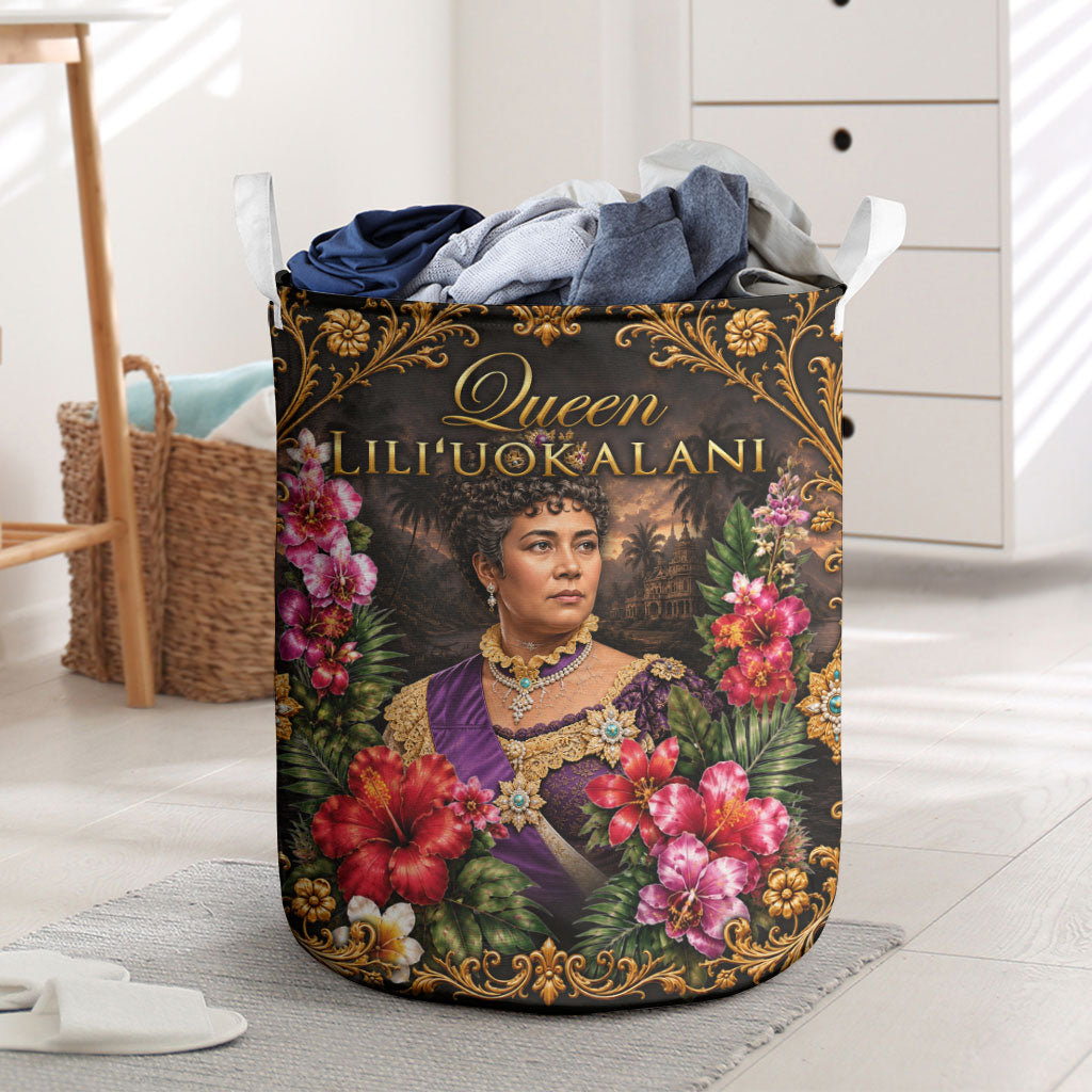 Queen Liliuokalani Hawaii Laundry Basket Royal Portrait Golden Floral Frame Tropical Hibiscus TS04 Black Gold - Polynesian Pride
