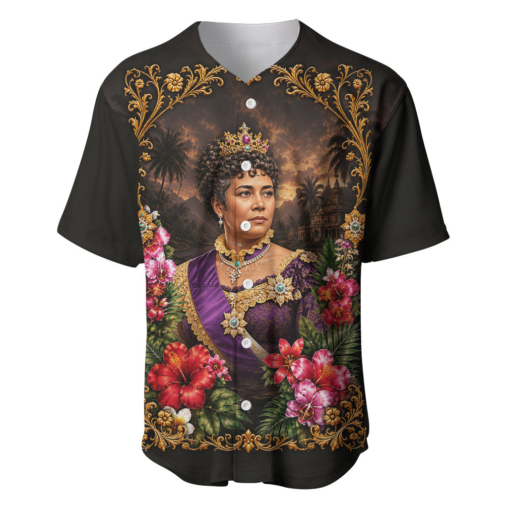Queen Liliuokalani Hawaii Baseball Jersey Royal Portrait Golden Floral Frame Tropical Hibiscus TS04 Black Gold - Polynesian Pride