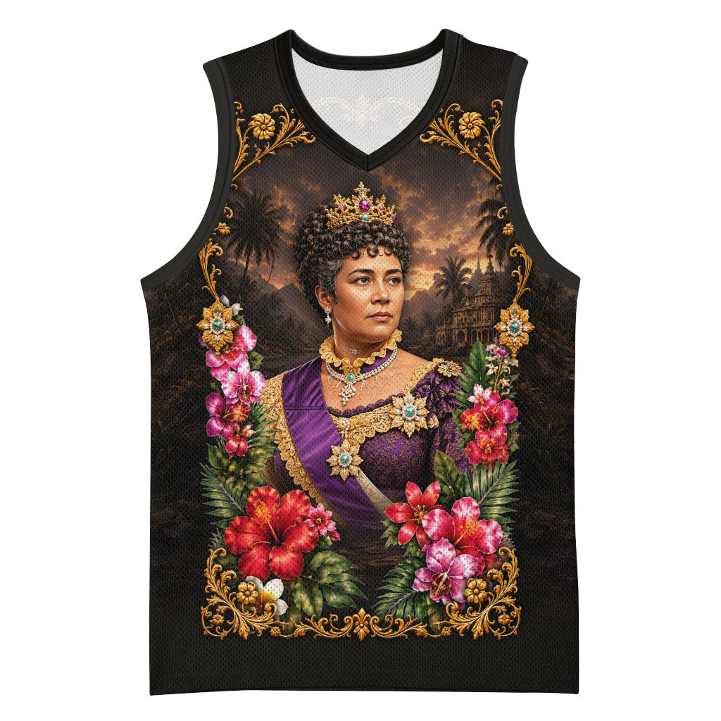 Queen Liliuokalani Hawaii Basketball Jersey Royal Portrait Golden Floral Frame Tropical Hibiscus TS04 Unisex Black Gold - Polynesian Pride