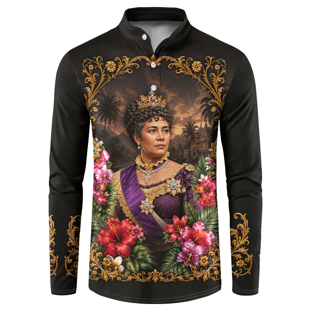 Queen Liliuokalani Hawaii Button Sweatshirt Royal Portrait Golden Floral Frame Tropical Hibiscus TS04 Black Gold - Polynesian Pride