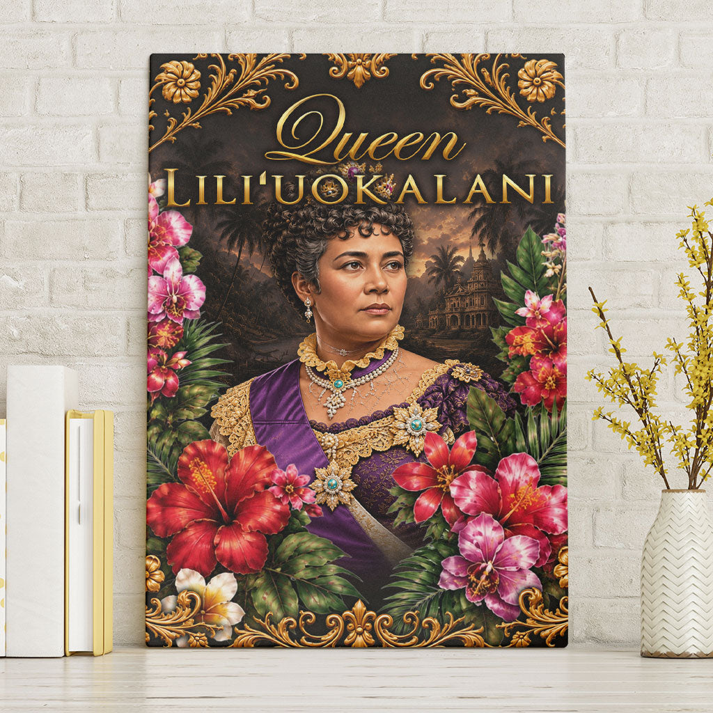 Queen Liliuokalani Hawaii Canvas Wall Art Royal Portrait Golden Floral Frame Tropical Hibiscus