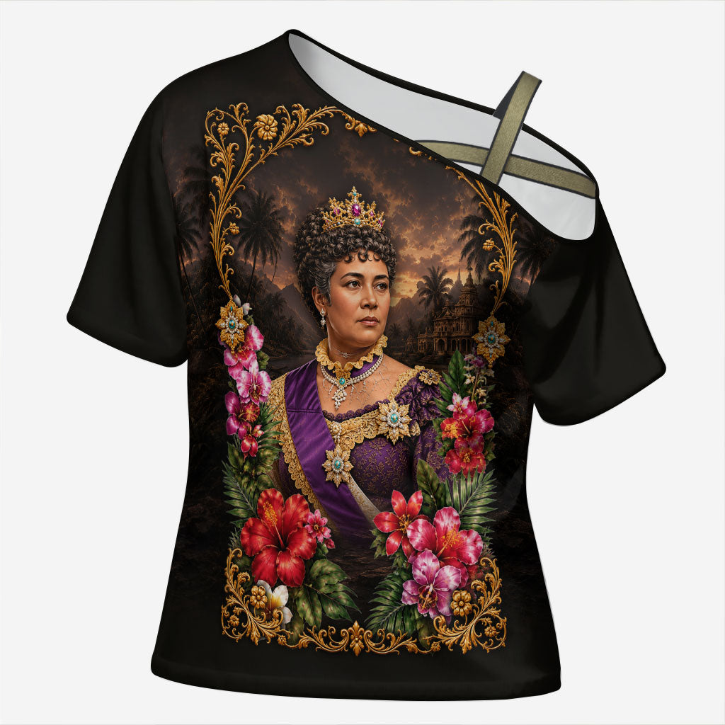 Queen Liliuokalani Hawaii Cross Shoulder Shirt Royal Portrait Golden Floral Frame Tropical Hibiscus