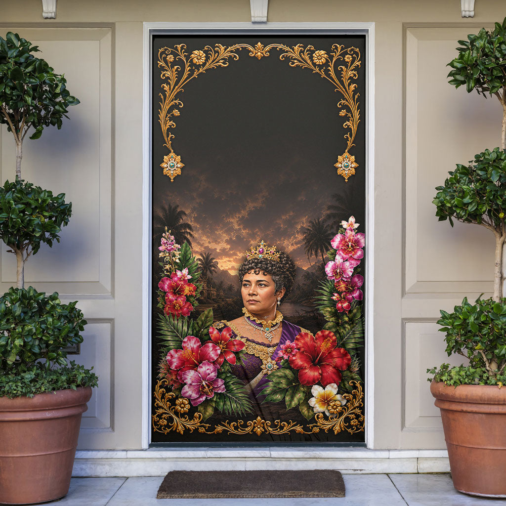 Queen Liliuokalani Hawaii Door Cover Royal Portrait Golden Floral Frame Tropical Hibiscus TS04 Black Gold - Polynesian Pride