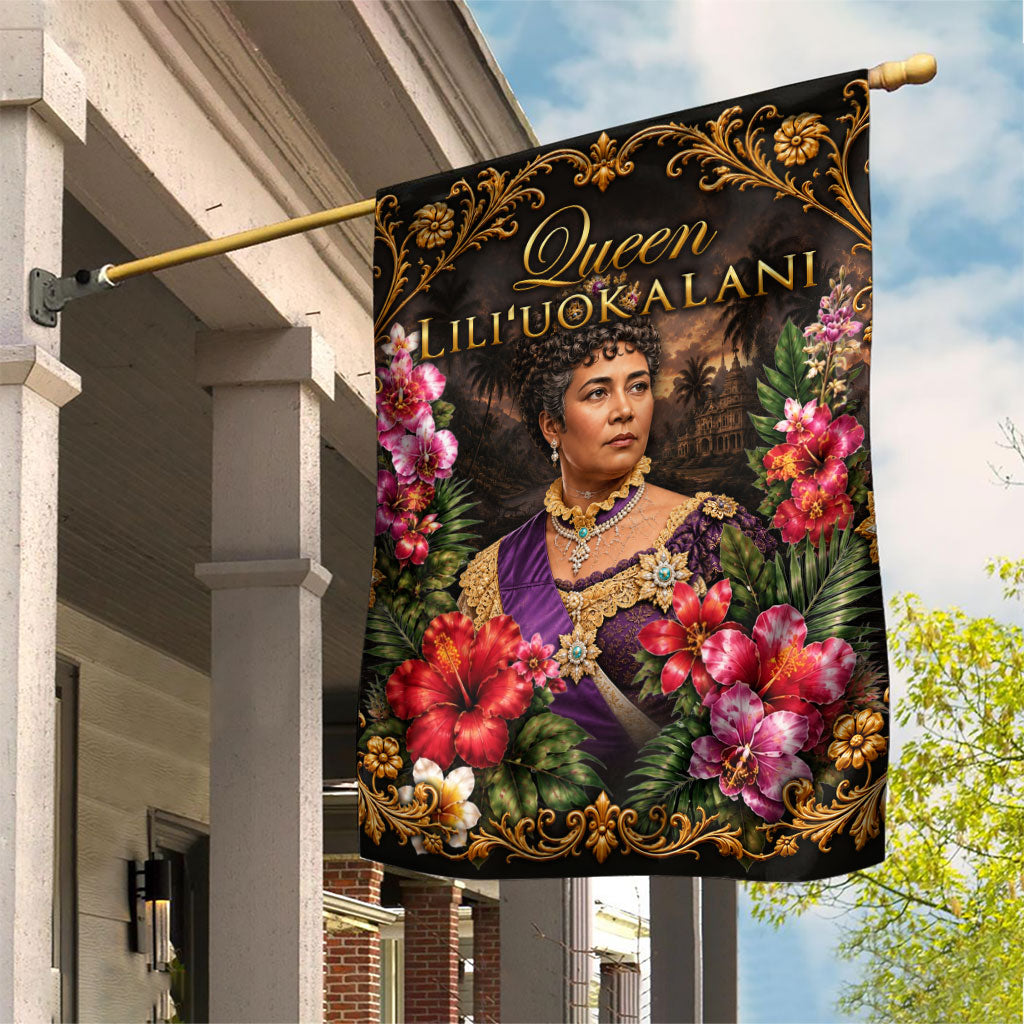 Queen Liliuokalani Hawaii Garden Flag Royal Portrait Golden Floral Frame Tropical Hibiscus TS04 House Flag Black Gold - Polynesian Pride