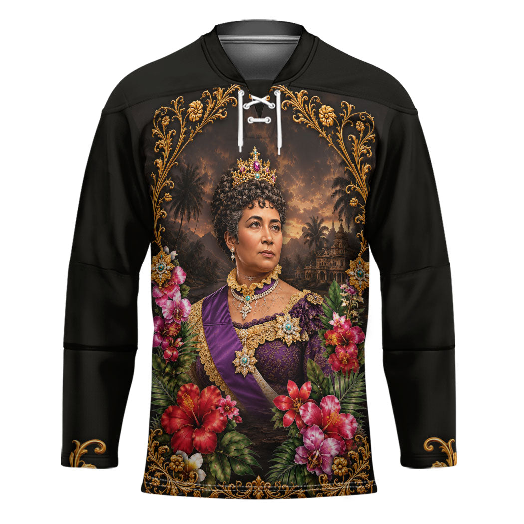 Queen Liliuokalani Hawaii Hockey Jersey Royal Portrait Golden Floral Frame Tropical Hibiscus TS04 Unisex Black Gold - Polynesian Pride