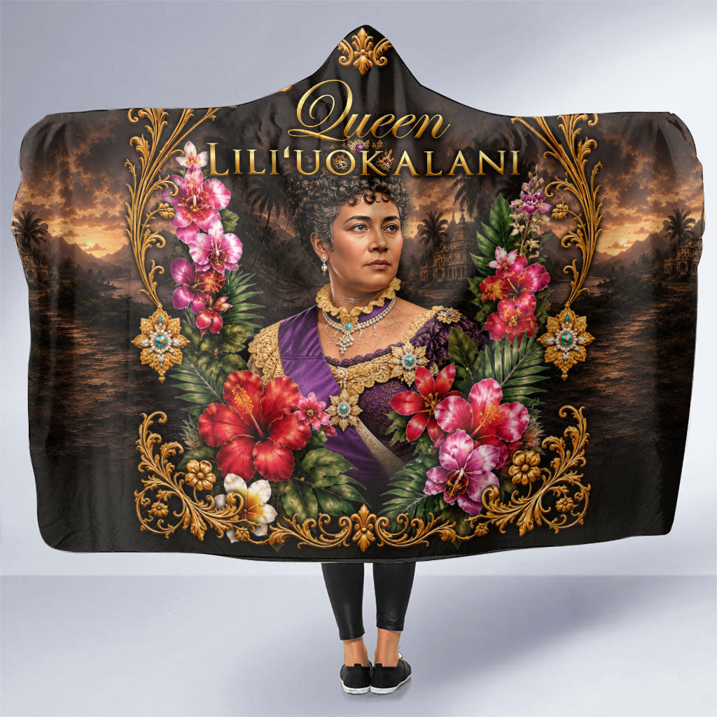 Queen Liliuokalani Hawaii Hooded Blanket Royal Portrait Golden Floral Frame Tropical Hibiscus TS04 One Size Black Gold - Polynesian Pride