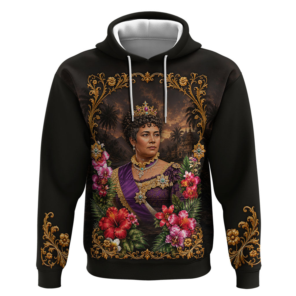 Queen Liliuokalani Hawaii Hoodie Royal Portrait Golden Floral Frame Tropical Hibiscus TS04 Pullover Hoodie Black Gold - Polynesian Pride