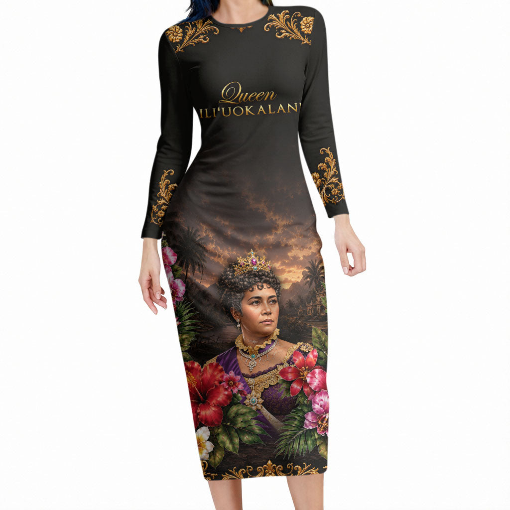 Queen Liliuokalani Hawaii Long Sleeve Bodycon Dress Royal Portrait Golden Floral Frame Tropical Hibiscus TS04 Long Dress Black Gold - Polynesian Pride