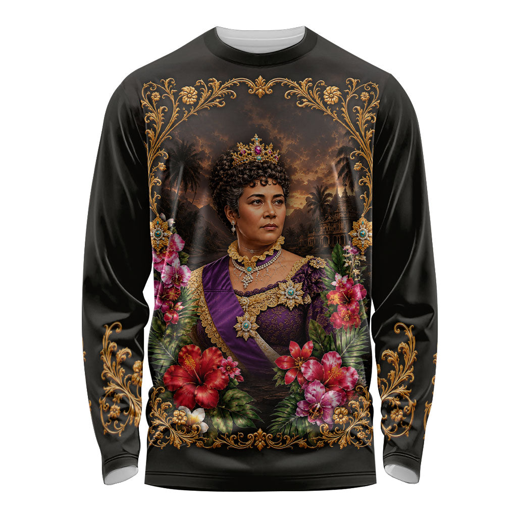 Queen Liliuokalani Hawaii Long Sleeve Shirt Royal Portrait Golden Floral Frame Tropical Hibiscus TS04 Unisex Black Gold - Polynesian Pride
