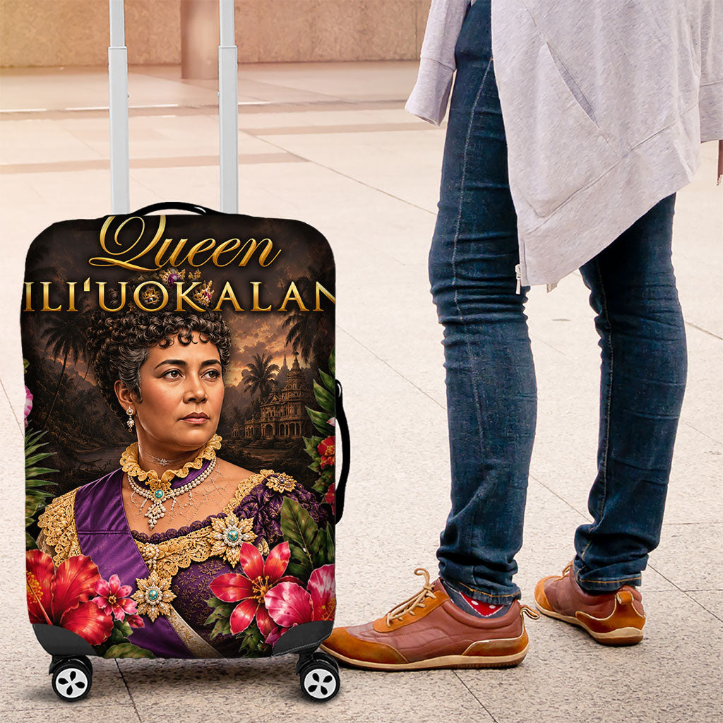 Queen Liliuokalani Hawaii Luggage Cover Royal Portrait Golden Floral Frame Tropical Hibiscus TS04 Black Gold - Polynesian Pride