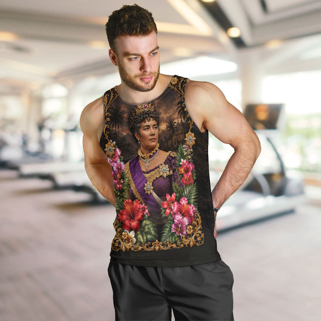 Queen Liliuokalani Hawaii Men Tank Top Royal Portrait Golden Floral Frame Tropical Hibiscus TS04 Black Gold - Polynesian Pride
