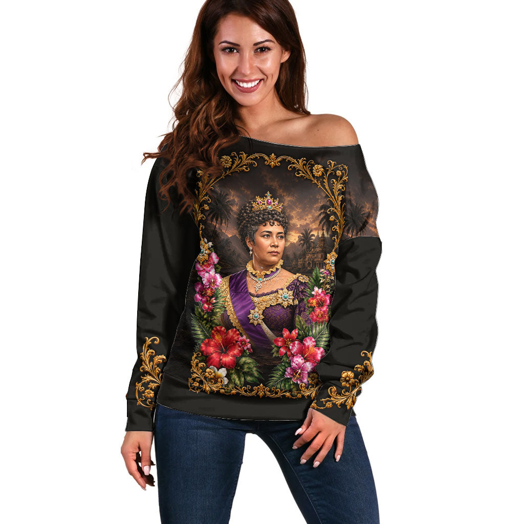 Queen Liliuokalani Hawaii Off Shoulder Sweater Royal Portrait Golden Floral Frame Tropical Hibiscus TS04 Women Black Gold - Polynesian Pride