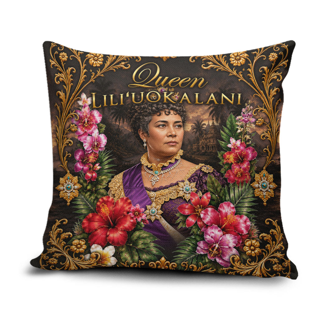 Queen Liliuokalani Hawaii Pillow Cover Royal Portrait Golden Floral Frame Tropical Hibiscus TS04 Black Gold - Polynesian Pride