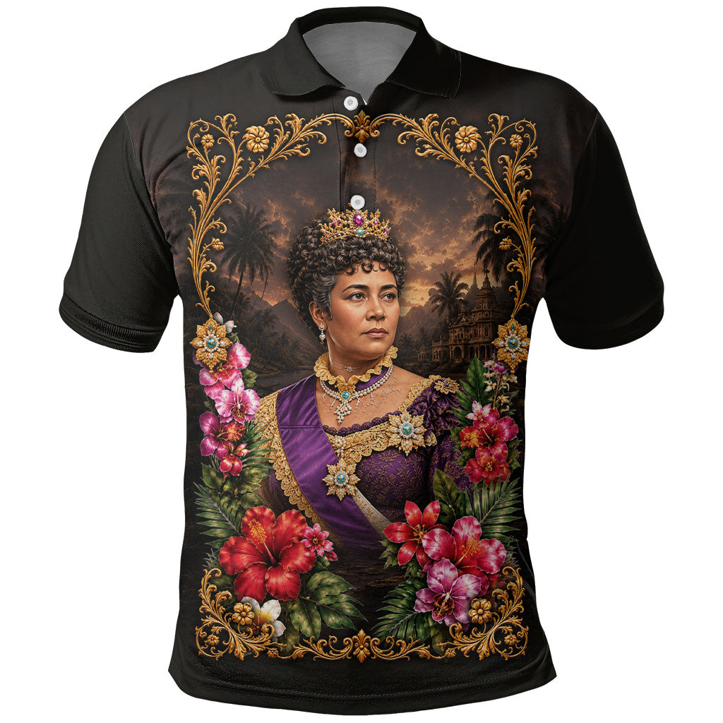 Queen Liliuokalani Hawaii Polo Shirt Royal Portrait Golden Floral Frame Tropical Hibiscus TS04 Black Gold - Polynesian Pride