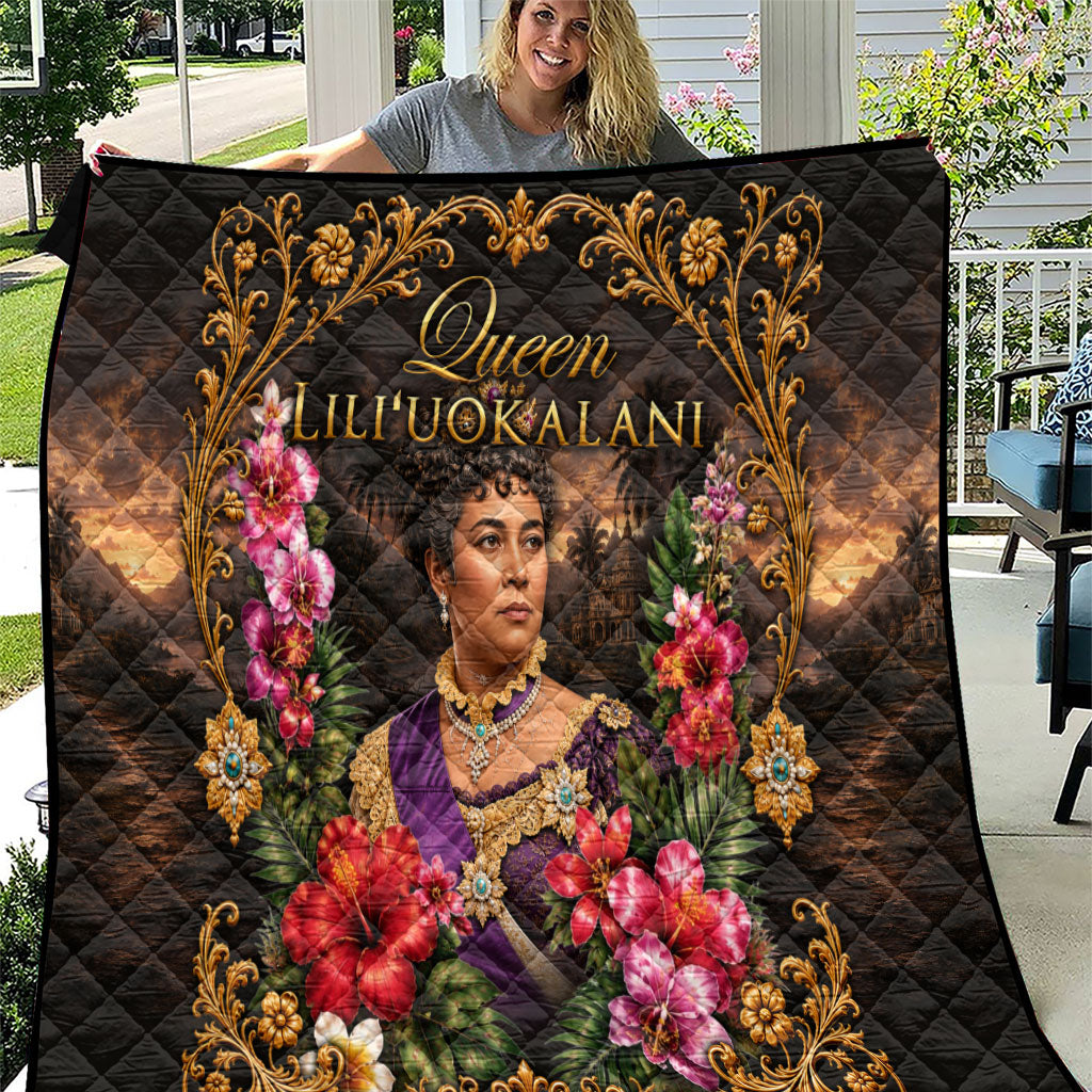Queen Liliuokalani Hawaii Quilt Royal Portrait Golden Floral Frame Tropical Hibiscus TS04 Black Gold - Polynesian Pride