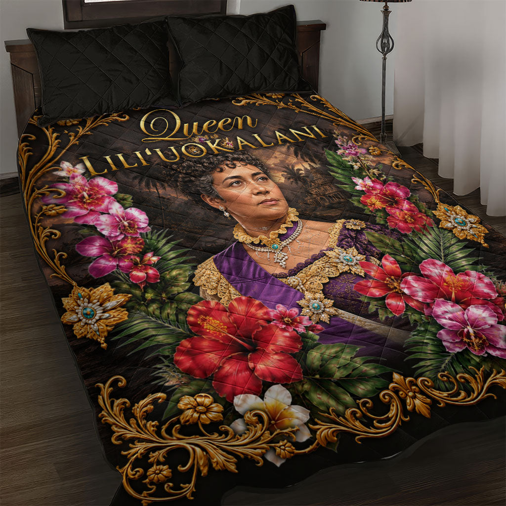 Queen Liliuokalani Hawaii Quilt Bed Set Royal Portrait Golden Floral Frame Tropical Hibiscus TS04 Black Gold - Polynesian Pride