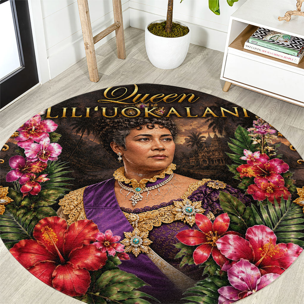Queen Liliuokalani Hawaii Round Carpet Royal Portrait Golden Floral Frame Tropical Hibiscus TS04 Black Gold - Polynesian Pride