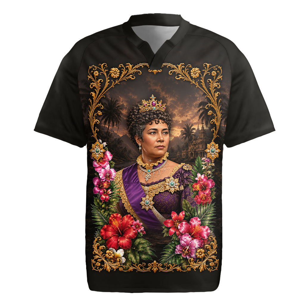 Queen Liliuokalani Hawaii Rugby Jersey Royal Portrait Golden Floral Frame Tropical Hibiscus TS04 Black Gold - Polynesian Pride