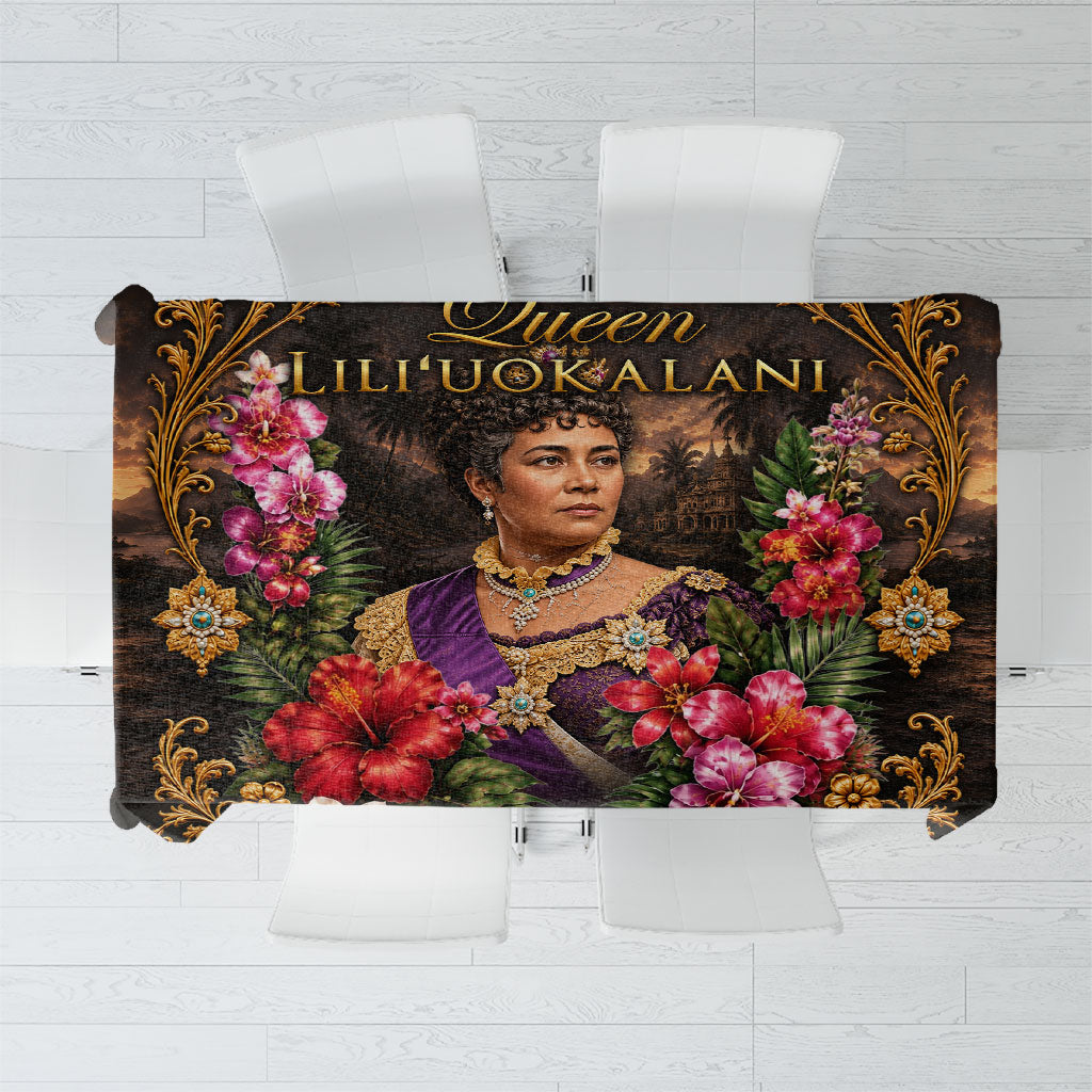 Queen Liliuokalani Hawaii Tablecloth Royal Portrait Golden Floral Frame Tropical Hibiscus TS04 Black Gold - Polynesian Pride