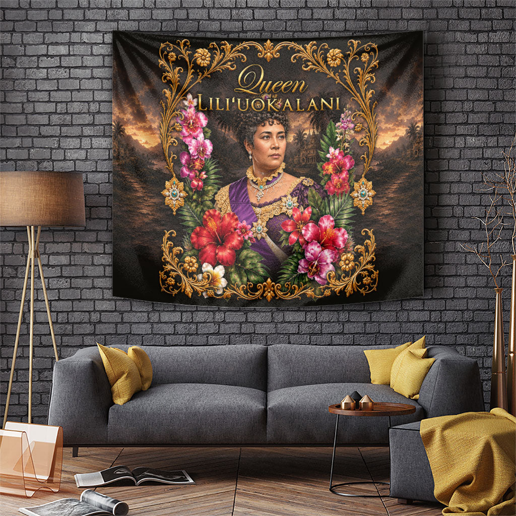 Queen Liliuokalani Hawaii Tapestry Royal Portrait Golden Floral Frame Tropical Hibiscus TS04 Black Gold - Polynesian Pride
