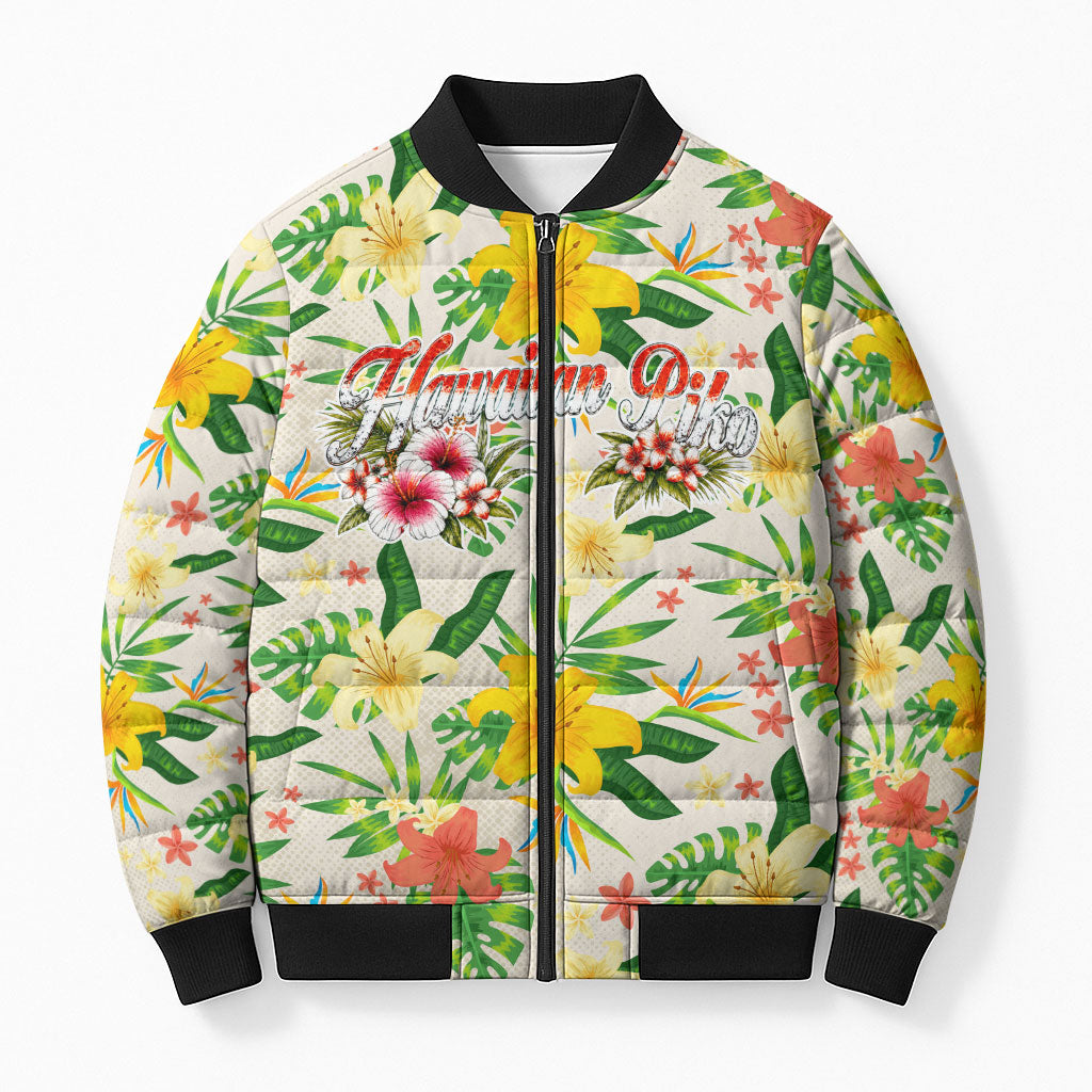 Hawaiian Piko Threads Of Paradise Aloha Bomber Puffer Jacket Tropical Hibiscus Plumeria