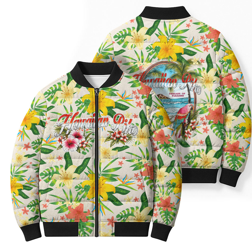 Hawaiian Piko Threads Of Paradise Aloha Bomber Puffer Jacket Tropical Hibiscus Plumeria
