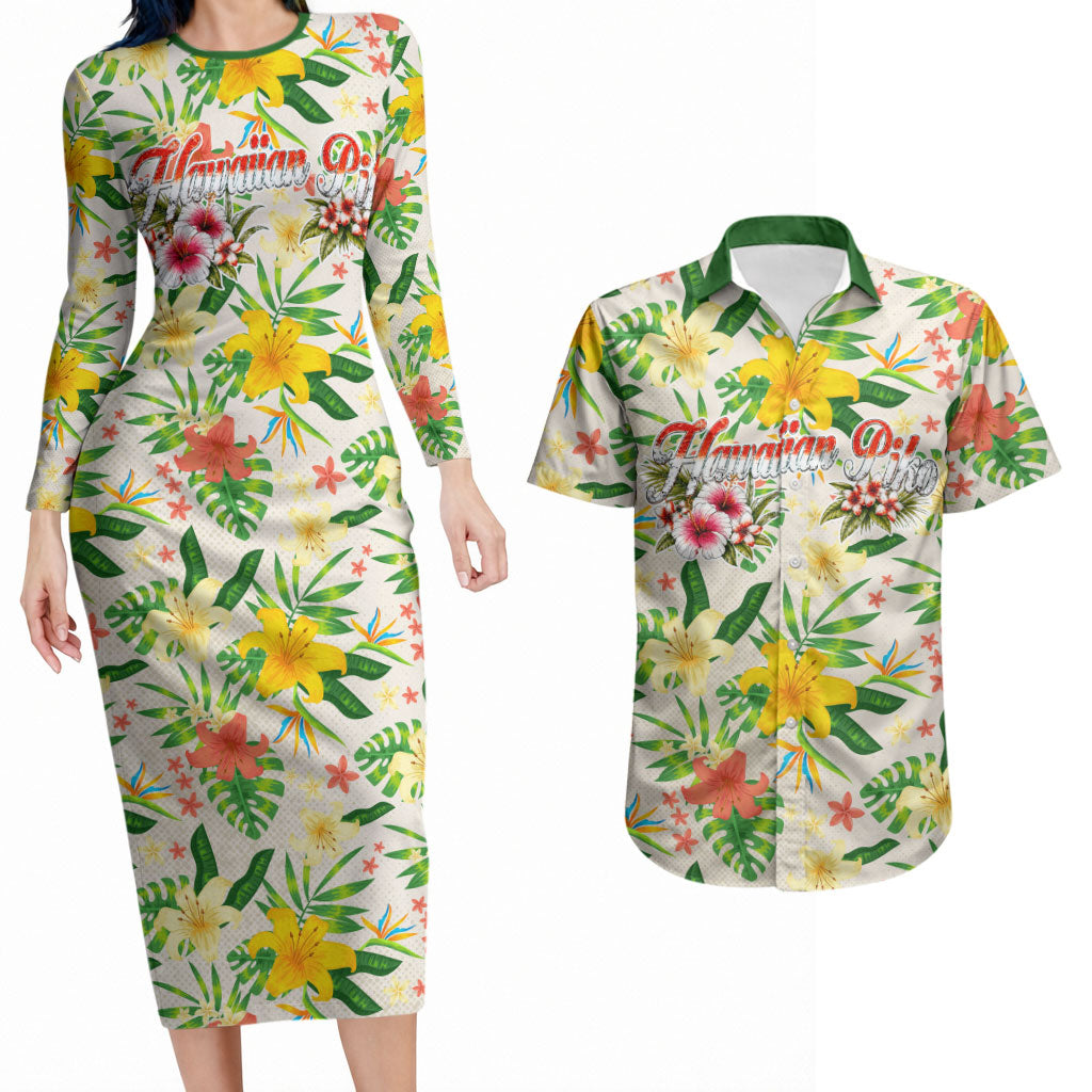 Hawaiian Piko Threads Of Paradise Aloha Couples Matching Long Sleeve Bodycon Dress and Hawaiian Shirt Tropical Hibiscus Plumeria