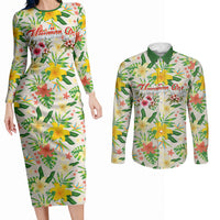 Hawaiian Piko Threads Of Paradise Aloha Couples Matching Long Sleeve Bodycon Dress and Long Sleeve Button Shirt Tropical Hibiscus Plumeria