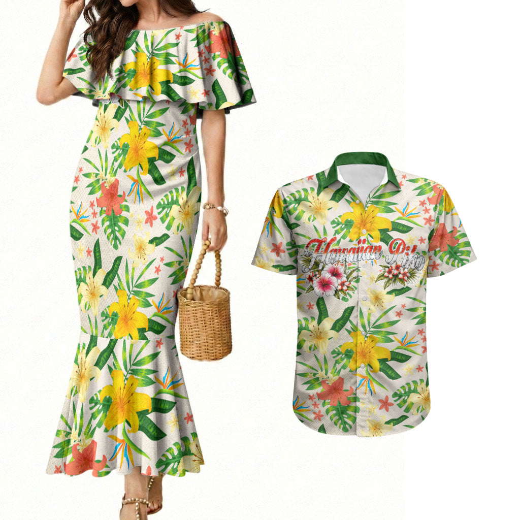 Hawaiian Piko Threads Of Paradise Aloha Couples Matching Mermaid Dress and Hawaiian Shirt Tropical Hibiscus Plumeria