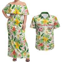Hawaiian Piko Threads Of Paradise Aloha Couples Matching Off Shoulder Maxi Dress and Hawaiian Shirt Tropical Hibiscus Plumeria