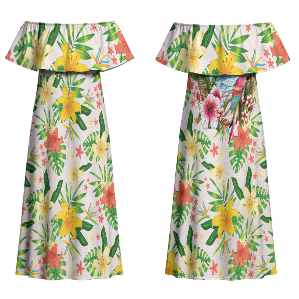 Hawaiian Piko Threads Of Paradise Aloha Couples Matching Off Shoulder Maxi Dress and Hawaiian Shirt Tropical Hibiscus Plumeria